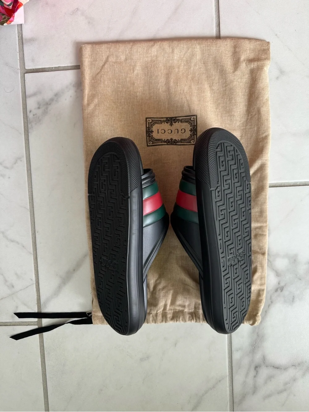 Gucci Black Slides with Red and Green Stripes
